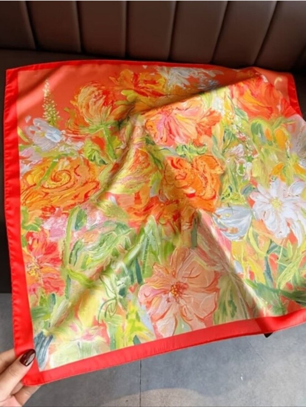 Bright Floral Silk Scarf in Coral Red and Pastel Garden Colors